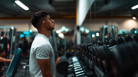 A man in a white shirt is looking at a row of weights in a gym. Concept of determination and focus as the man prepares to lift the weightsの素材