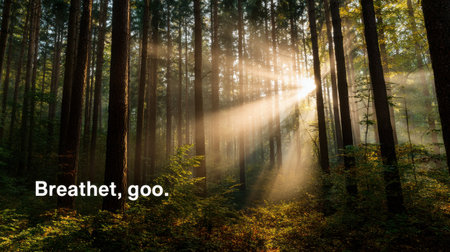A forest with sunlight shining through the trees. The words "Prahat, Go" are written below the imageの素材