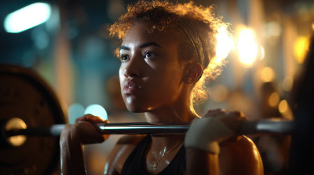 A woman is lifting a barbell in a gym. She is sweating and looking at the cameraの素材