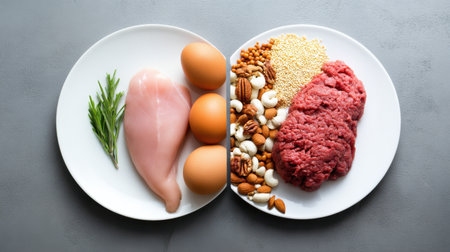 Two plates of food, one with chicken and eggs and the other with meat and nuts.の素材