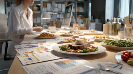 A woman is sitting at a table with a lot of food on it. The table is covered with papers and the woman is writing on them. Scene is busy and focusedの素材