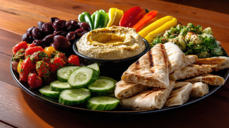 A black platter with a variety of vegetables and dips, including hummus, is displayed on a wooden tableの素材
