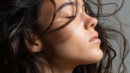 A woman with long hair and a beautiful smile. She has a very nice look on her faceの素材