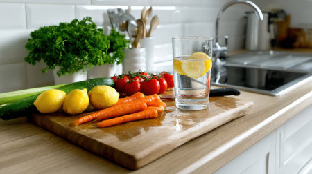 A glass of water sits on a cutting board with a variety of vegetables including carrots, tomatoes, and cucumbersの素材