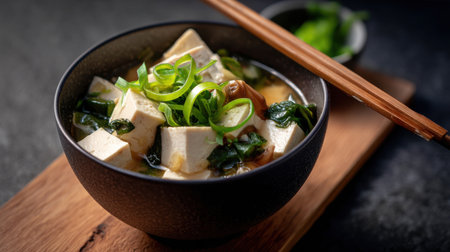 A bowl of soup with chopsticks on a wooden table. The soup is a creamy white soup with green onions and mushroomsの素材