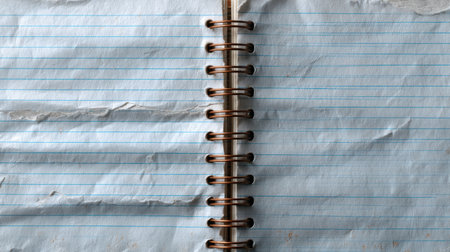 A spiral notebook with blue lined pages. The spiral is open to the middle of the page. The notebook is old and wornの素材