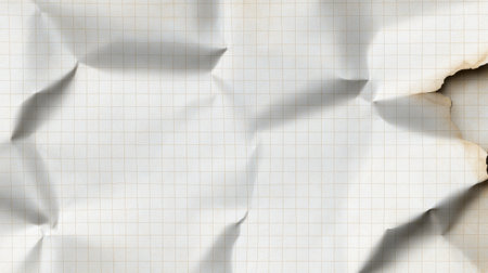 A white piece of paper with a lot of creases and wrinkles. The paper is torn and has a rough textureの素材