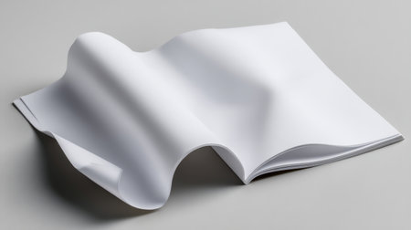 A white magazine is opened to a page with a picture of a person. The magazine is on a tableの素材