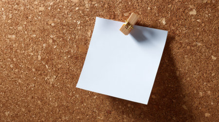 A white piece of paper is pinned to a corkboard. The paper is blank, and the corkboard is brownの素材