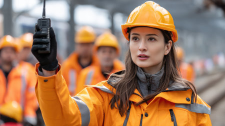A woman in a yellow jacket is holding a walkie talkie. She is the only one wearing a yellow jacketの素材