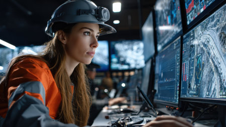 A woman in a hard hat is looking at a computer screen with a map on it. She is wearing an orange jacketの素材