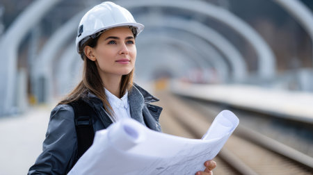 A woman wearing a hard hat and holding a blueprint. She is smiling and looking up at the cameraの素材