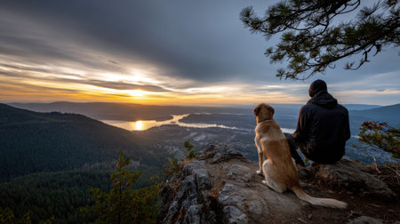 A man and his dog are sitting on a rock overlooking a lake. The sky is orange and the sun is settingの素材