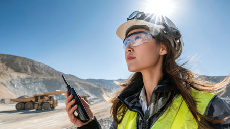 A woman wearing a yellow vest and goggles is holding a walkie talkie. She is standing in front of a large pile of dirtの素材