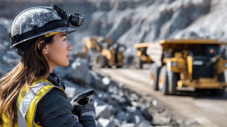 A woman wearing a yellow and black safety vest stands in front of a large yellow and black truckの素材