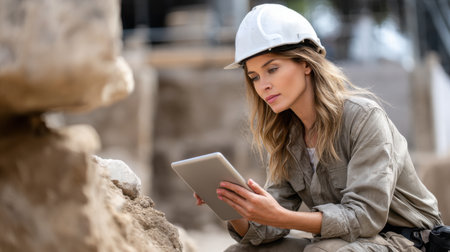 A woman wearing a hard hat and a white helmet is looking at a tablet. She is likely a construction worker or engineer, and the tablet may contain important information or instructions for her workの素材