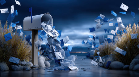 A mailbox is overflowing with letters, and the scene is set against a backdrop of a rocky shoreline. Concept of nostalgia and longing, as the letters seem to represent lost connections and memoriesの素材