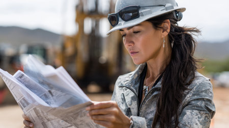 A woman wearing a hard hat and sunglasses is reading a map. She is looking at the map with a serious expression on her faceの素材