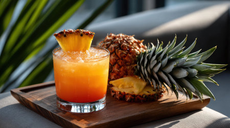 A glass of orange and pineapple juice is on a wooden tray. The tray is placed on a tableの素材