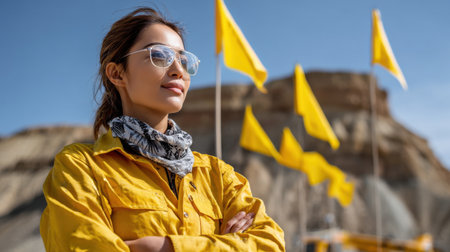 A woman in a yellow jacket stands in front of a yellow flag. She is wearing a scarf and sunglassesの素材