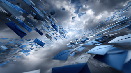 A blue and white image of many blue envelopes flying through the sky. Concept of chaos and disarray, as the envelopes are scattered in all directionsの素材