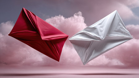 Two envelopes are floating in the air, one red and one white. The red envelope is open, while the white one is closed. The scene is set against a pink background, giving it a romanticの素材