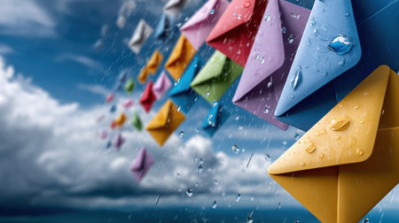 A colorful array of paper envelopes are flying through the air. The scene is set against a cloudy sky, with raindrops falling on the envelopes. Concept of movement and energyの素材