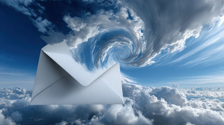A white envelope is floating in the sky above a stormy cloud. The envelope is the only thing visible in the image, and it is floating in the air, as if it is being carried by the windの素材