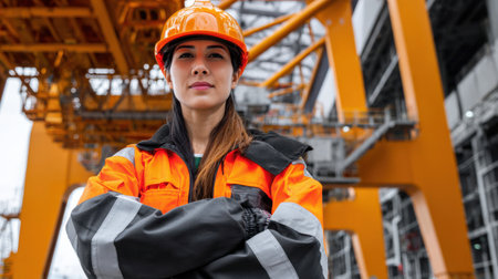 A woman wearing an orange safety jacket and a hard hat stands in front of a large building. She is a construction worker or engineer, and her confident posture suggests that she is proud of her workの素材
