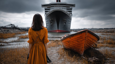 A woman stands on the beach next to a boat. The boat is small and orange. The sky is cloudy and the beach is emptyの素材