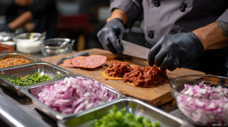 A chef is preparing food on a cutting board with a knife. The food is being cut into small pieces and is placed on a plate. The chef is wearing gloves and apronの素材