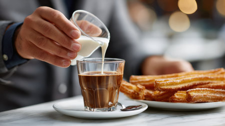 A man is pouring milk into a cup of coffee. The coffee is served on a white plate with a spoon. There are also some churros on a plate next to the coffee. Concept of relaxation and indulgenceの素材
