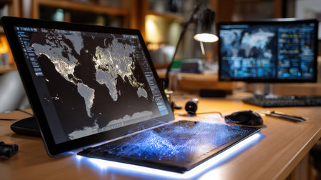 A computer monitor displays a map of the world with a blue glow. Concept of technology and modernity, as well as a fascination with the world and its interconnectednessの素材