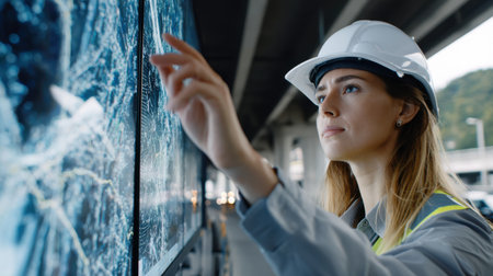 A woman wearing a hard hat is pointing at a computer monitor. She is looking at a picture of a broken bridgeの素材