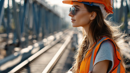 A woman wearing a hard hat and safety vest stands on a train track. She is looking off into the distanceの素材