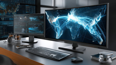 A computer desk with two monitors and a keyboard. The monitors are displaying a blue and white world mapの素材