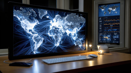A computer monitor with a world map on it and a keyboard and mouse on a desk. The computer monitor is turned on and the keyboard and mouse are ready to use. Concept of productivity and focusの素材