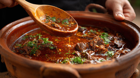 A person is scooping food out of a large pot with a wooden spoon. The food appears to be a stew or soup, and it is full of meat and vegetablesの素材