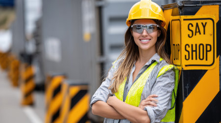 A woman wearing a yellow vest and a hard hat stands in front of a sign that says "Say Shop"の素材