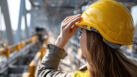 A woman wearing a yellow hard hat is looking up at something. She is wearing a reflective vest and a safety helmetの素材