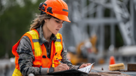 A woman wearing a safety vest and helmet is writing in a notebook. She is likely a construction worker or engineer, and her work may involve safety regulations or project documentationの素材