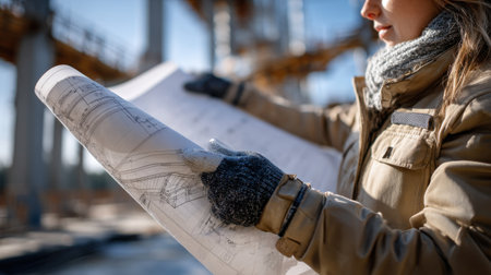 A woman is holding a map and wearing a scarf. She is looking at the map with a serious expressionの素材