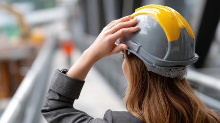 A woman wearing a yellow and gray hard hat. She is looking up at something. Concept of caution and safety, as the woman is wearing a hard hatの素材