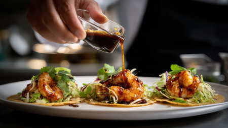 A plate of three tacos with sauce poured over them. The sauce is brown and looks delicious. The tacos are topped with shrimp and greensの素材