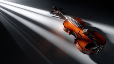 A violin is shown in a lighted room. The light is shining on the instrument, making it look like it is glowing. Scene is serene and peaceful, as the violin is a symbol of music and artの素材