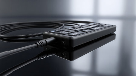 A black keyboard with a black cord attached to itの素材