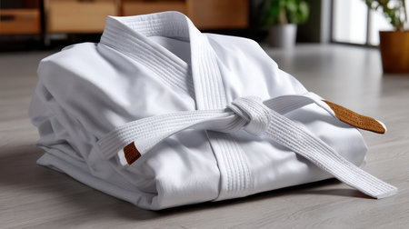 A white karate uniform is folded and placed on a wooden floor. The uniform is tied with a brown beltの素材