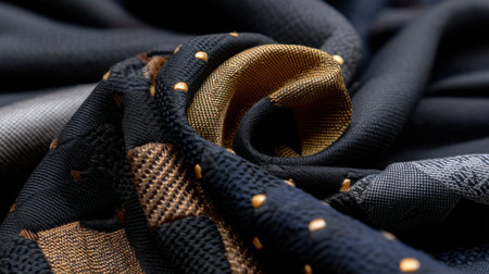 A piece of fabric with a gold and black pattern. The fabric is rolled up and has a shiny appearanceの素材