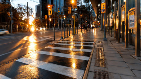 A wet street with a crosswalk and a few cars. The street is wet and the cars are driving on itの素材