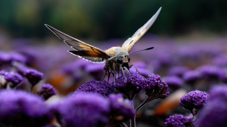 A beautiful butterfly is perched on a purple flower, its wings spread wide as it rests on the delicate petals. The flower is a vibrant shade of purple, with a slightly faded hue in the backgroundの素材